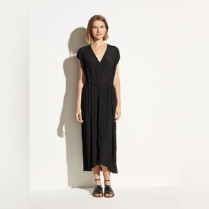 Vince Crinkle Pleat V-Neck Dress in Black XXS NWT